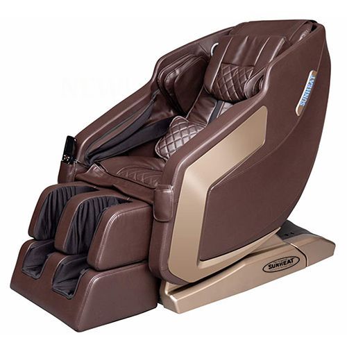 Brown and gold massage chair in reclining position.