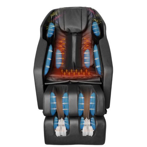 Massage chair with cutaway view, showing internal mechanism with blue and orange highlights.