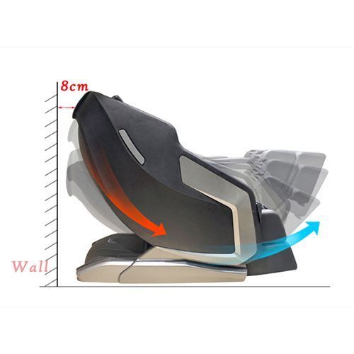 A massage chair reclines back, its back 8cm from a wall. Arrows show the reclining motion.