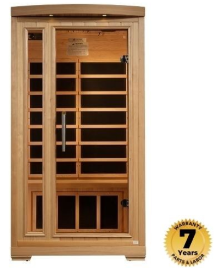 Wooden sauna with glass door and 7-year warranty badge