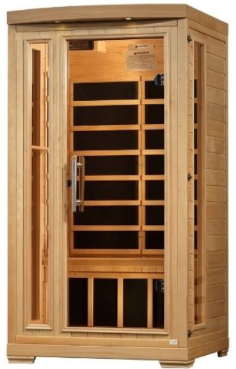 Wooden infrared sauna with glass door.