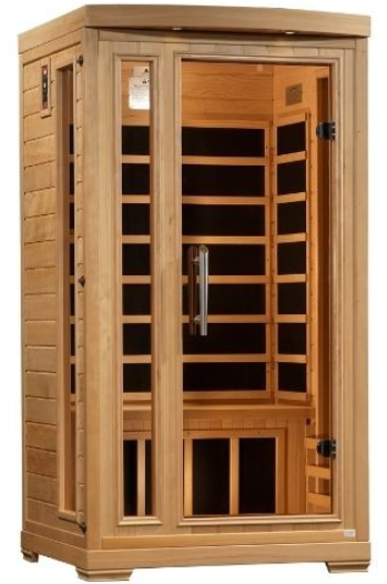 Wooden infrared sauna with glass doors and side panel.