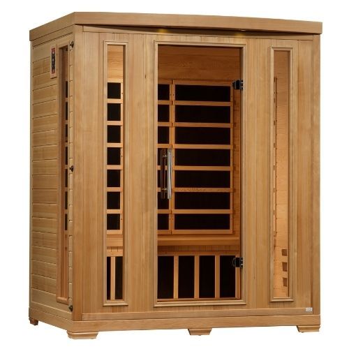 Wooden infrared sauna with glass door and panels.