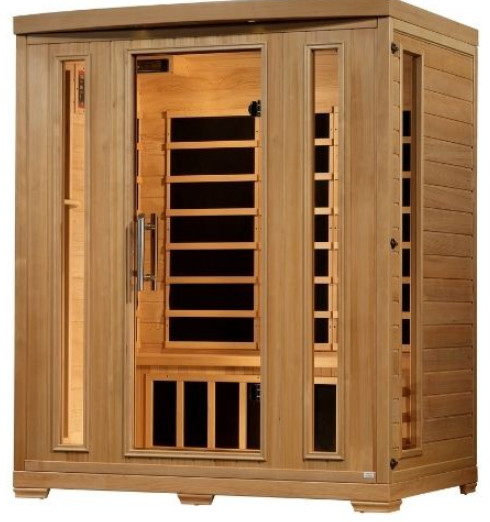 Wooden infrared sauna with glass door panels.