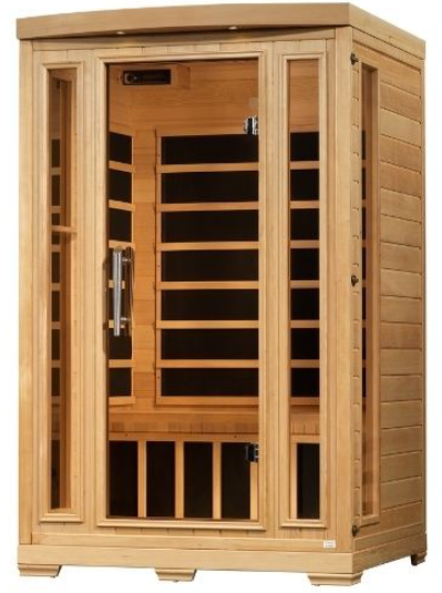 Wooden home infrared sauna with glass door and side panels.