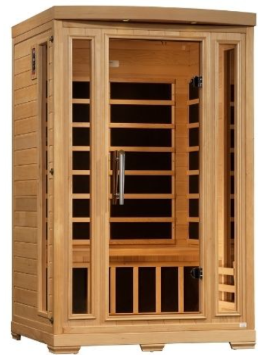 Wooden infrared sauna with glass doors and panels.