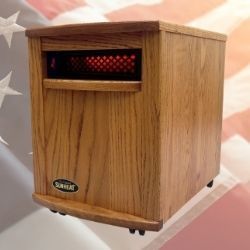 Wooden SunHeat space heater with red heating element, on a US flag background.