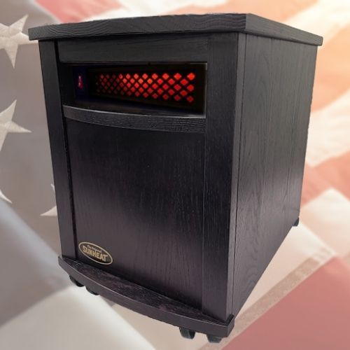 Black infrared space heater with a red glowing interior, set against an American flag.