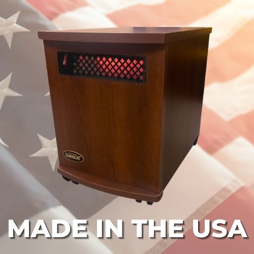 A wooden space heater with a red glowing vent, wheels, and a "Made in the USA" graphic against an American flag background.