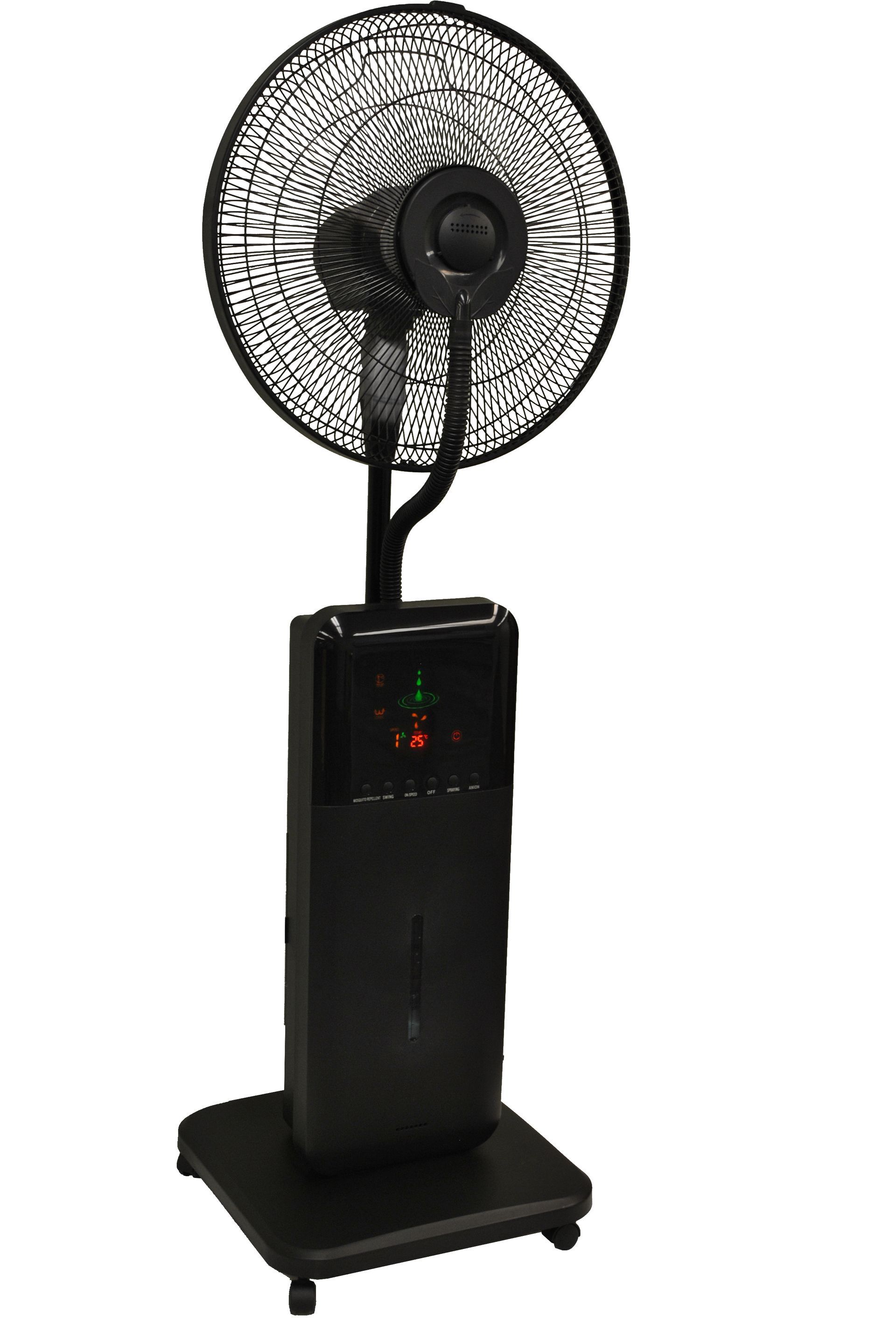 Black oscillating misting fan on a black base, with controls on the body.