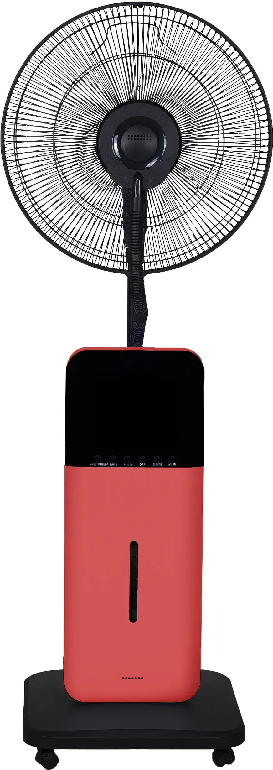 Standing fan with red body and black top, ornate fan blades, and black base with wheels.