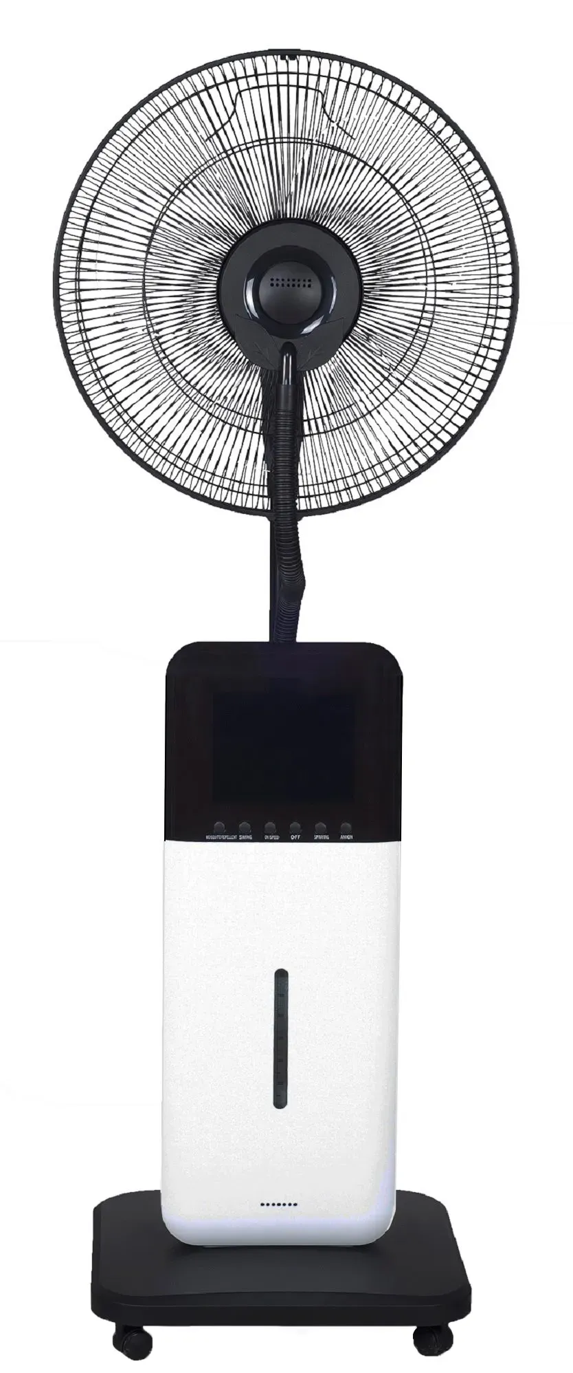 White and black standing misting fan on a black base with wheels.