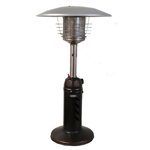 Outdoor propane patio heater, metallic silver and black, mushroom-shaped top, tall cylinder base.