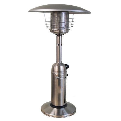 Stainless steel outdoor patio heater with a mushroom-shaped top.