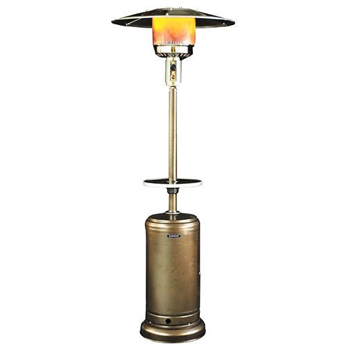 Outdoor propane patio heater with bronze finish and flame.