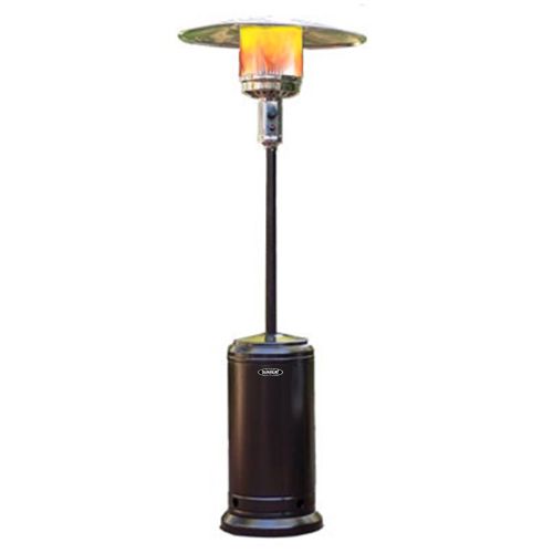 Black outdoor propane patio heater, lit with orange flame.