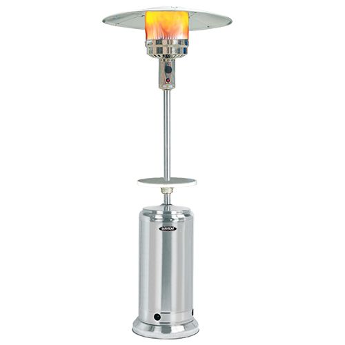 Silver outdoor patio heater with an orange flame burning at the top.