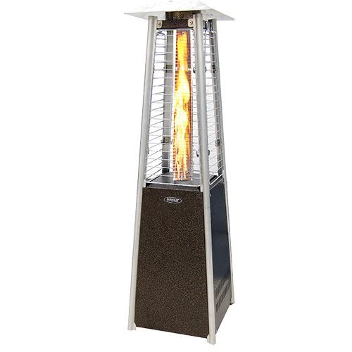 Outdoor propane patio heater with brown base, silver frame, and tall central flame.