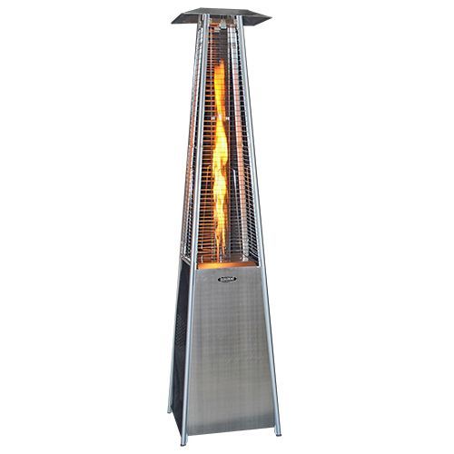 Tall outdoor propane patio heater with a visible flame.