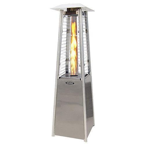 Stainless steel patio heater with a flame visible inside the glass tube.