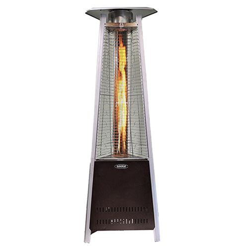 Tall outdoor propane patio heater with a visible flame.