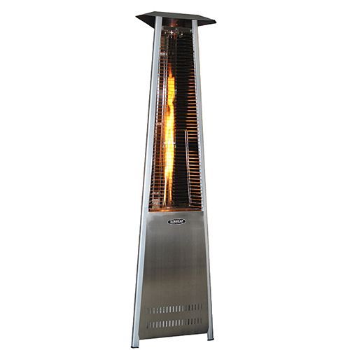 A tall, stainless steel outdoor patio heater with a visible flame.