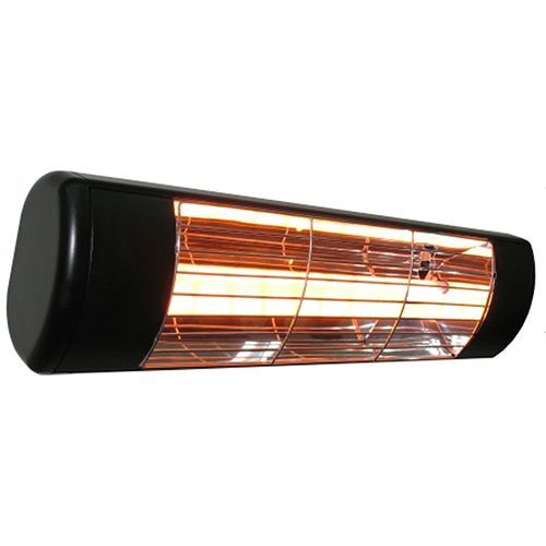 Black outdoor infrared heater, turned on, emitting warm orange glow.