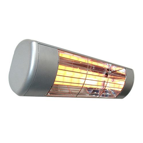 Silver infrared patio heater, emitting warm, yellow light.