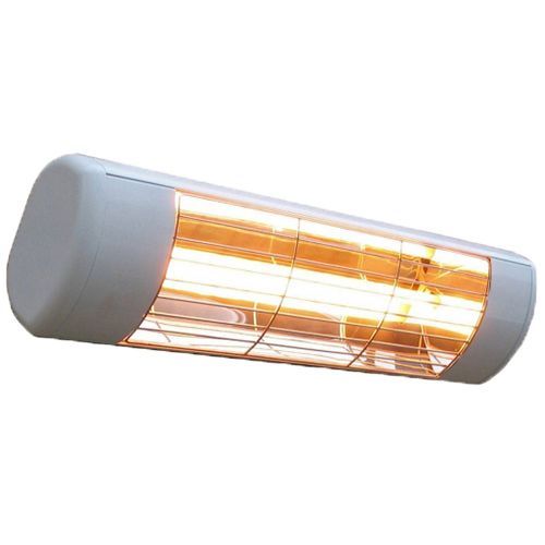 White outdoor infrared heater with bright orange-yellow heating element.
