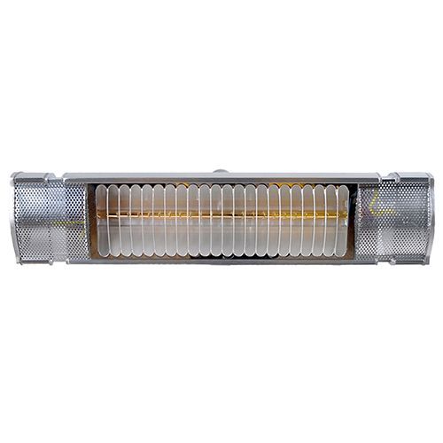 Silver outdoor infrared heater, horizontal, with a glowing heating element inside.
