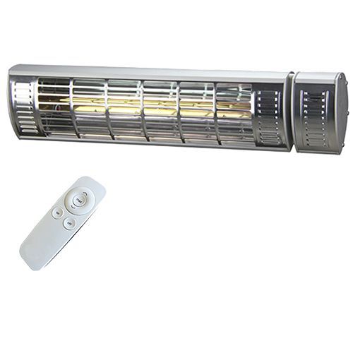 Electric patio heater with remote control. Silver, horizontal, mounted outdoors.