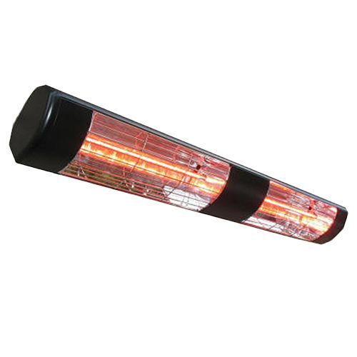 Black and silver infrared patio heater angled diagonally; the heating element is glowing orange.