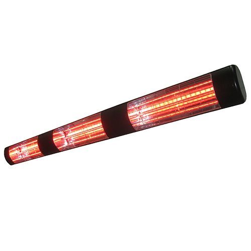 Infrared outdoor patio heater, black and silver, emitting red glow.