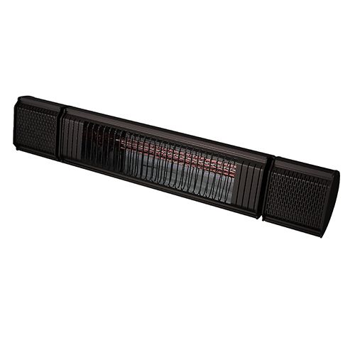 Black infrared patio heater, rectangular, with a red heating element.