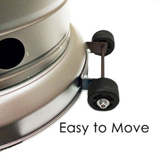 Close-up of the bottom of a metal outdoor heater with wheels, demonstrating it is easy to move.