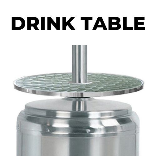 Stainless steel drink table with a round, clear-tiled surface.