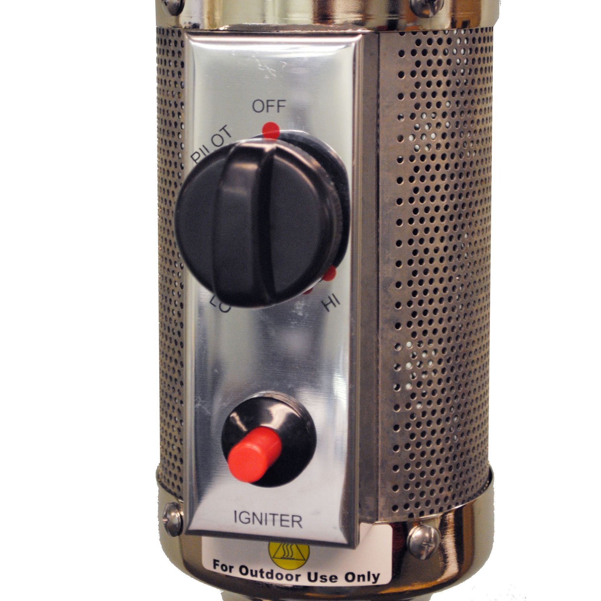Close-up of a propane patio heater control panel: dial, igniter button, metal mesh.