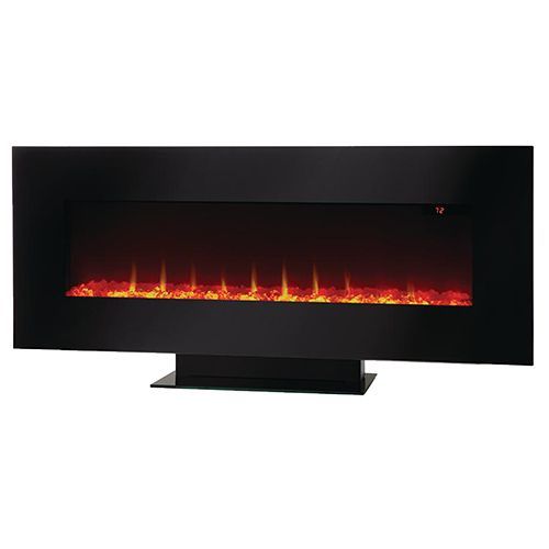 Black, electric fireplace with a glowing orange fire display.