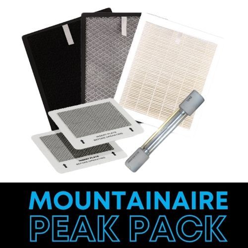 Mountaineaire Peak Pack air filter set: black, gray, and white filters, with a UV light.