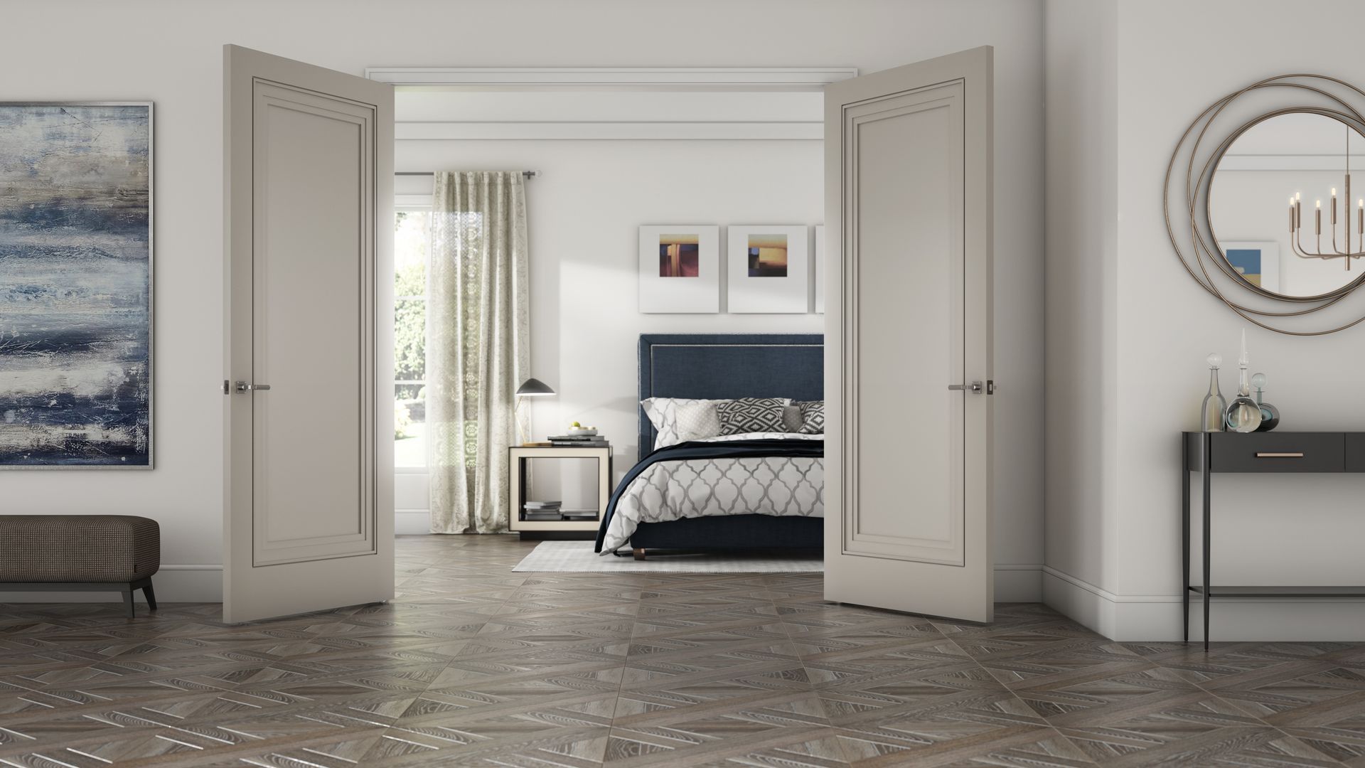 A bedroom with a bed , a mirror and a painting on the wall.