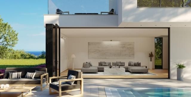 An artist 's impression of a modern house with a swimming pool