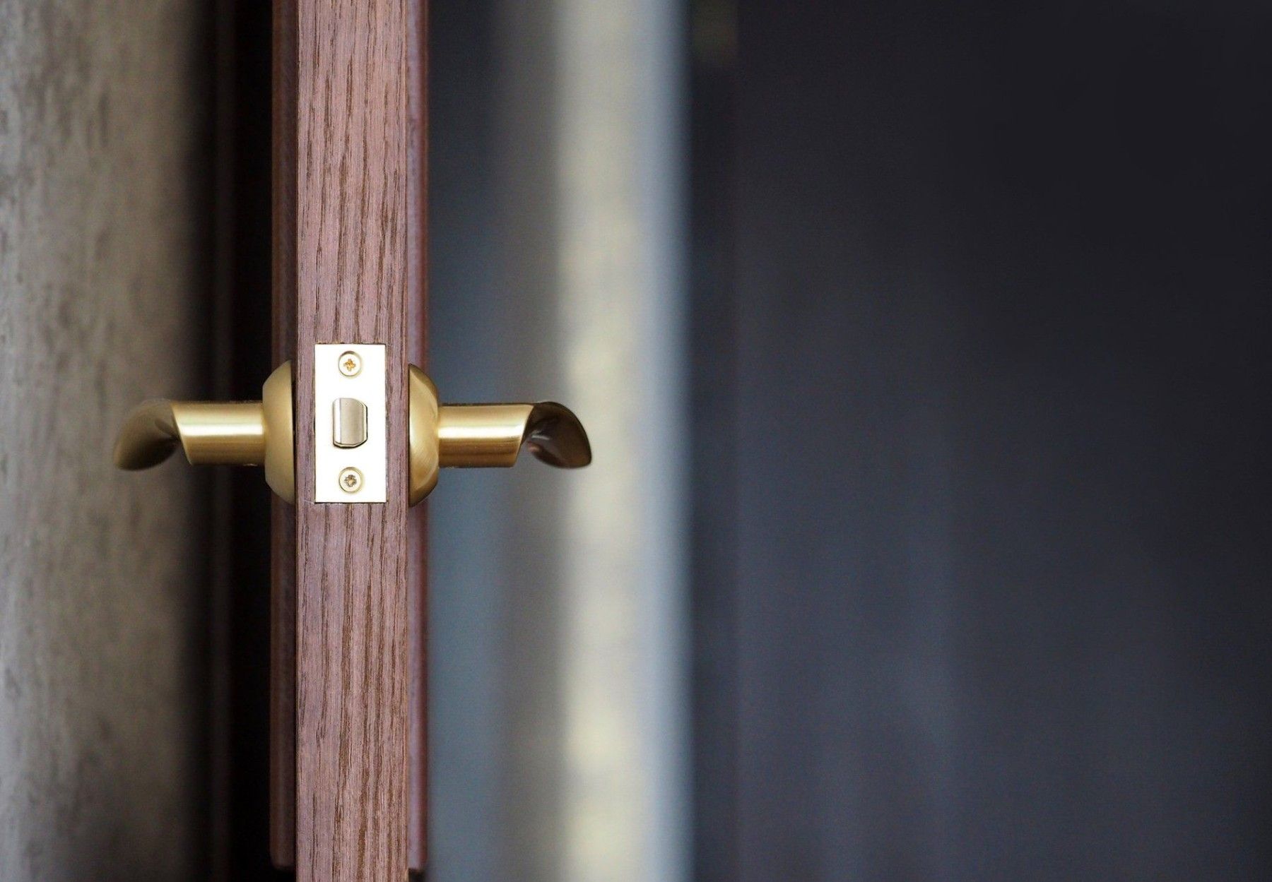 A close up of a door handle on a wooden door.