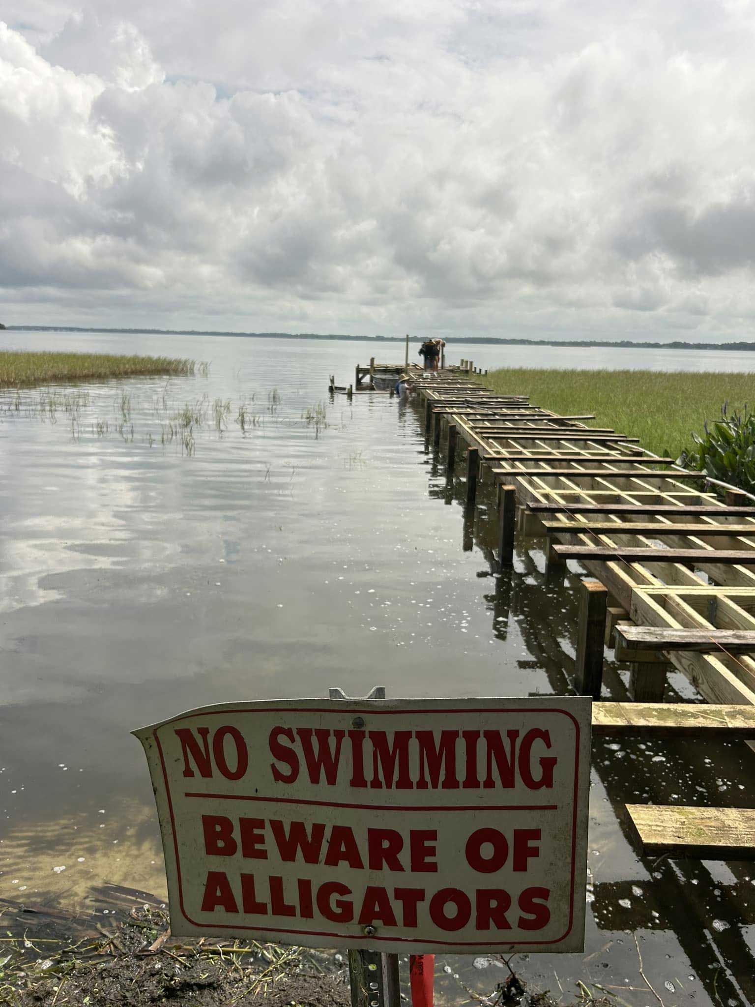 Wooden boardwalk over marsh with a 