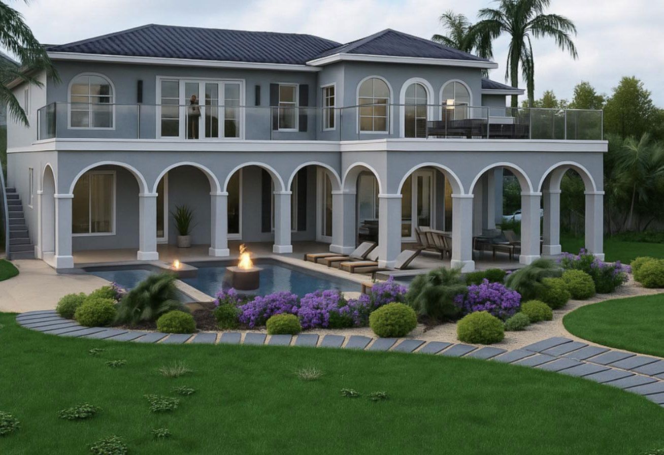 Luxury two-story house with arched balcony, pool, and landscaped garden at dusk