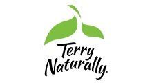 A logo for terry naturally with two green leaves on a white background.
