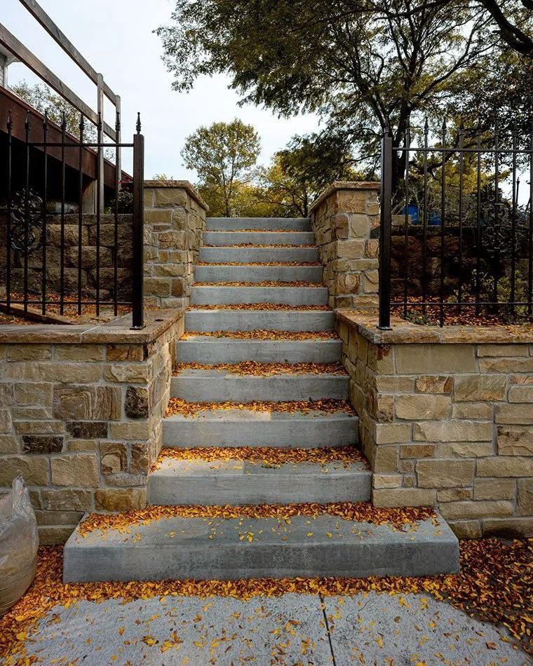 Stone steps leading upward, covered with fallen leaves. Stone and black iron railings flank the stairs.