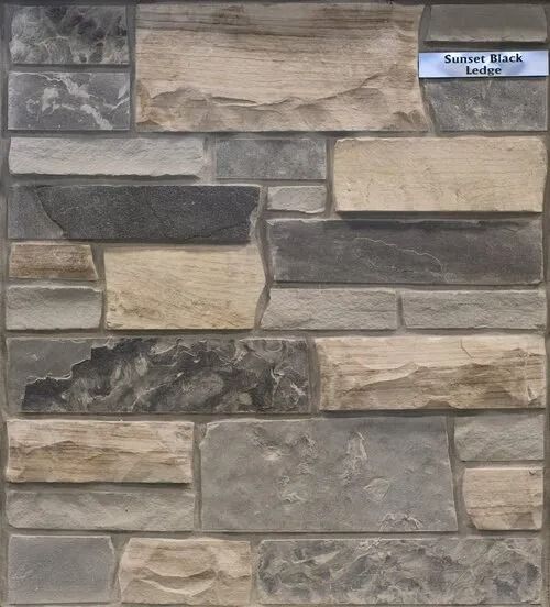 Stone veneer: Sunset Black Ledge, varied shades of gray, beige, and black.
