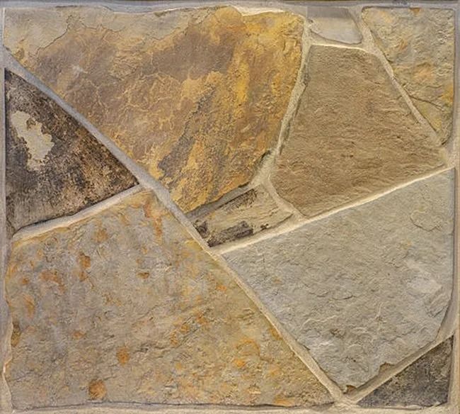 Stone tile with irregular shapes in shades of brown, tan, and gray, with white grout lines.