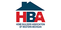 Logo of Home Builders Association of Western Michigan. Blue house with red 