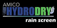 Logo for Amico Hydrodry rain screen with blue and green text on a black background.